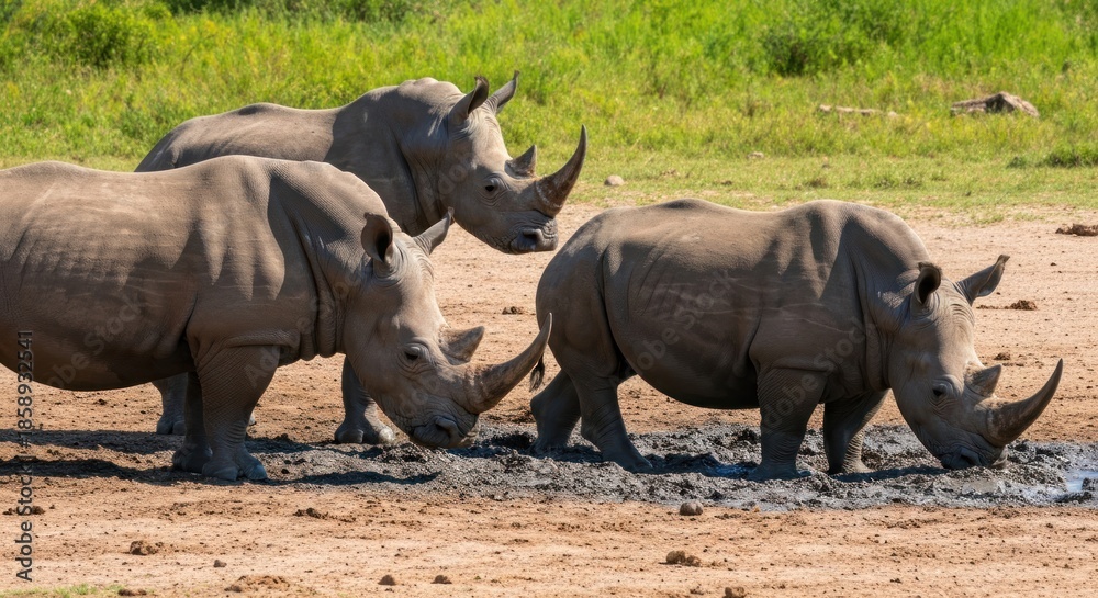 Obraz premium Three rhinos in a natural habitat by a watering hole