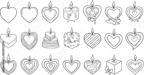 Black and White Line Art Vector Set of Heart Shaped Candles for Romance, Love, and Celebrations