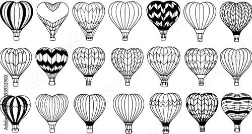 Black and White Line Art Hot Air Balloons in Heart Shape for Travel and Romance Themes