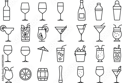 Cocktail alcohol and bar drink outline icon set with wine glass martini shaker beverage black line vector