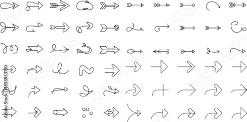 an assortment of hand drawn line art symbols including arrows abstract shapes and various simple designs on a plain white