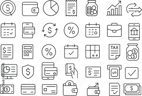 Finance and business outline icon set for money payment tax banking analytics minimal black line vector design