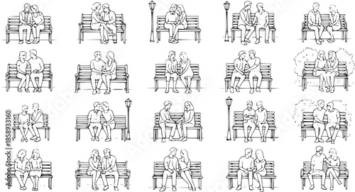 Black and White Line Art of Couples Sitting on Park Benches, Romantic Gestures, Stock Vector Illustrations