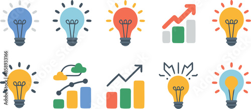 Colorful lightbulbs and charts representing innovation ideas growth and success in a modern business environment high quality professional detailed elegant stylish