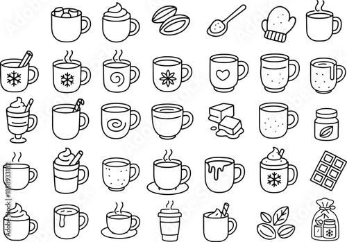 Hot cocoa and winter drinks outline icon set with mugs chocolate marshmallow cozy beverage black line vector design