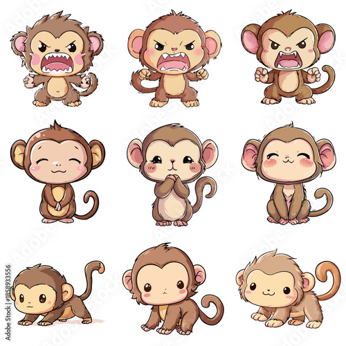 Set Icon of Macaque kawaii minimal flat