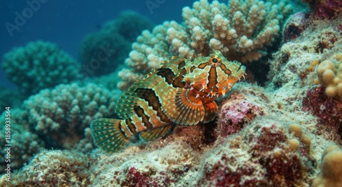 A vibrantly patterned fish rests amidst a colorful coral reef