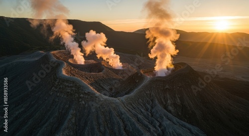 Aerial view of volcanic craters emitting steam at sunset