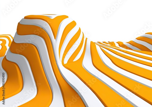 Abstract 3 d landscape with curved orange and white stripes on a white backdrop