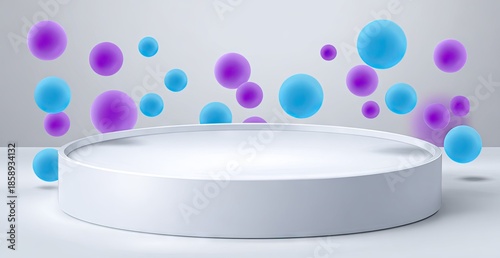 Abstract 3 d podium with floating spheres for product presentation display