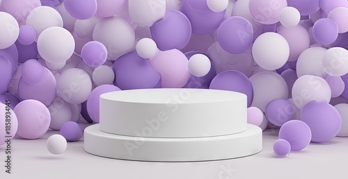 Abstract 3 d render of a white display pedestal with floating spheres