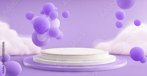 Abstract 3 d rendering of a modern stage with floating spheres and clouds