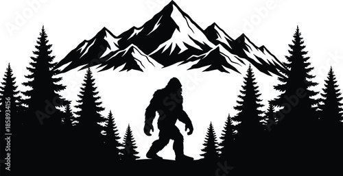 Bigfoot silhouette in mountain forest landscape illustration, mysterious sasquatch creature roaming wilderness nature scene, black and white vector artwork design
