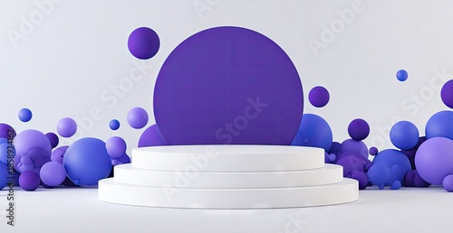 Abstract 3 d rendering of a white platform with floating purple spheres