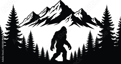 Bigfoot silhouette in mountain forest landscape illustration, mysterious sasquatch creature, wilderness nature scene, black and white vector artwork