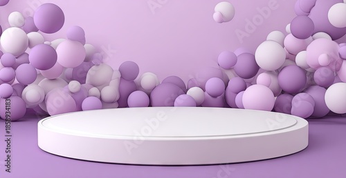 Abstract 3 d rendering of a white podium with floating purple spheres