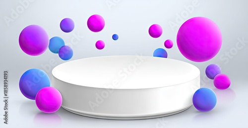 Abstract 3 d rendering of a white podium with vibrant floating spheres