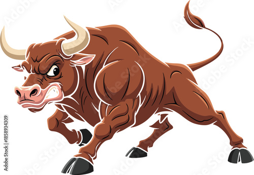 Charging bull mascot illustration, aggressive powerful animal character, muscular strength symbol, sports logo style vector cartoon artwork branding marketing design
