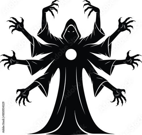 Dark fantasy shadow wizard illustration vector, hooded sorcerer with multiple arms, mystical occult symbol, black silhouette magic design artwork