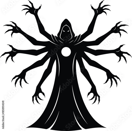 Dark fantasy multi armed shadow wizard vector illustration, hooded sorcerer silhouette with mystical power, occult magic character design artwork