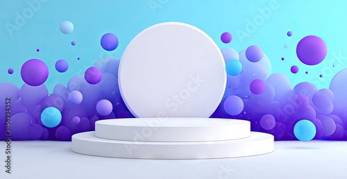Abstract 3 d rendering with stage platform and floating spheres on gradient backdrop