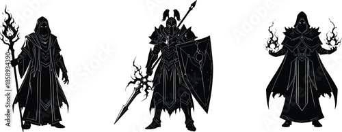 Dark fantasy warrior silhouettes set, mage knight sorcerer characters, magic fire weapons armor, black vector illustration, role playing game art