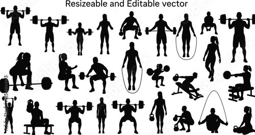 Editable fitness workout silhouettes vector set, gym exercise poses, strength training icons, black human figures for sports illustration design use