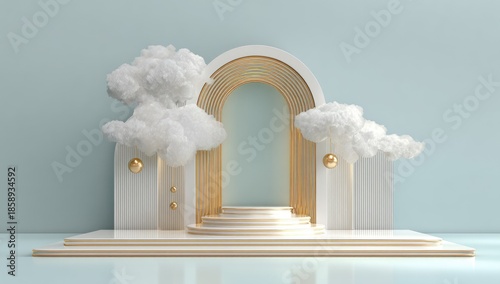 Abstract architectural stage with clouds and arches ideal for product display
