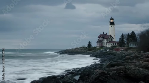 A coastal scene with a lighthouse, waves, and a cloudy sky