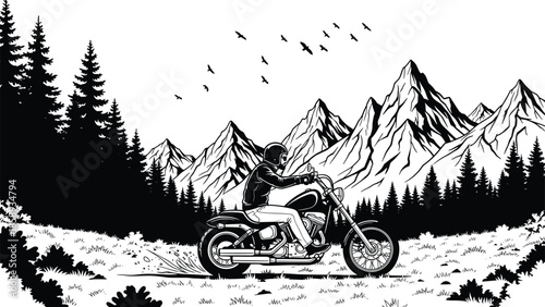 Motorcycle adventure rider in mountain forest landscape illustration, freedom travel concept with alpine peaks birds, black and white vector art