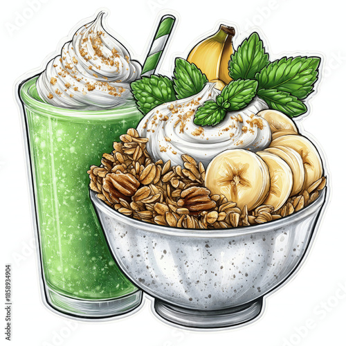 Green smoothie and granola bowl with banana and mint
