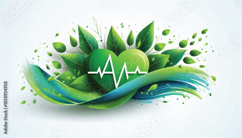 Green heart with ECG line surrounded by leaves and flowing elements.
