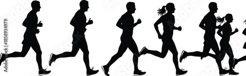 Running people silhouettes vector illustration, group of joggers in motion, black human figures for fitness, marathon, sport design projects
