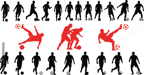 Soccer player silhouettes set, football action poses collection, dribbling kicking tackling moves, black red vector illustration icons, sports design bundle