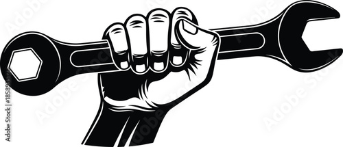 Strong hand holding wrench illustration vector, black white mechanic tool symbol, power repair concept icon for industrial, automotive, construction branding