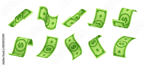 Flying cartoon cash banknotes with dollar symbols. Floating green paper money illustration for finance, payment, banking, investment, and business success concepts. Vector currency design.