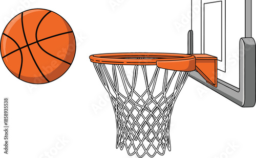 Professional basketball ball flying towards hoop with net and backboard vector illustration for sports tournament, game competition, athletic training, and fitness branding design.