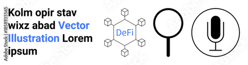 Decentralized finance, cryptocurrency analysis, blockchain technology, digital tools, online communication, web innovation. Blockchain hexagonal network icon, magnifying glass, microphone