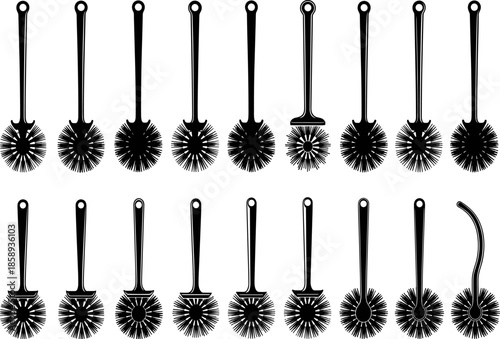 Round cleaning brushes vector illustration set, assorted bristle scrub tools, household bathroom hygiene equipment, detailed sanitation brush designs for cleaning and maintenance tasks