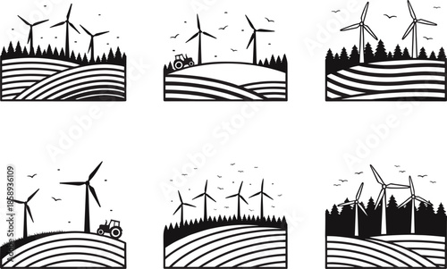 Scenic wind turbine landscape vector illustrations featuring farmland, rolling hills, tractors, and forests, highlighting renewable energy, sustainable agriculture, 