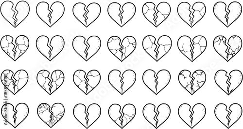 Black and White Line Art of Broken Hearts, Symbolizing Sadness, Loss, and Heartbreak in Relationships