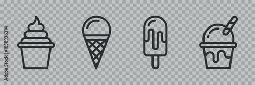 A collection of four different black line art depictions of frozen desserts including ice cream popsicles and a sundae