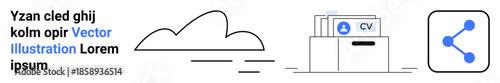Cloud storage, data sharing, resume management, digital filing, technology interface, business application. Minimal cloud, file folder CV sheets and networking icon. Cloud storage and data sharing