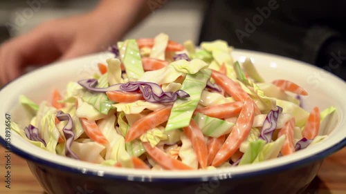 A colorful coleslaw in a blue-rimmed bowl, ready to eat