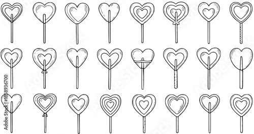 Black and White Line Art of Heart Shaped Lollipops, Sweet Candy Collection