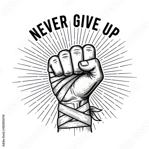 Clenched Fist with Bandage and Never Give Up Text.