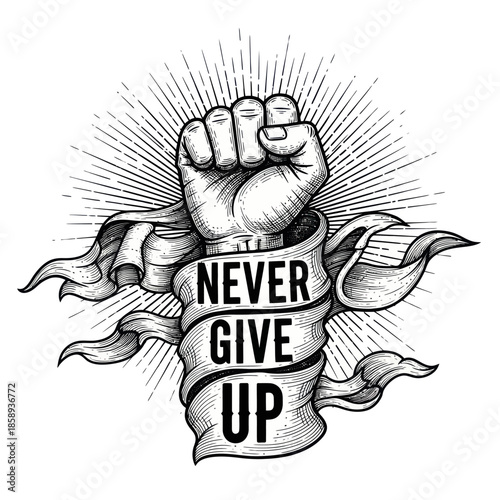 Clenched Fist with Never Give Up Banner.