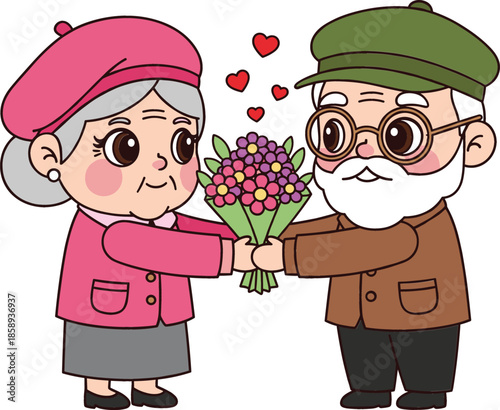 Cute cartoon elderly couple celebrating anniversary with flower bouquet, grandparents sharing love and affection, senior romantic relationship vector character illustration set.