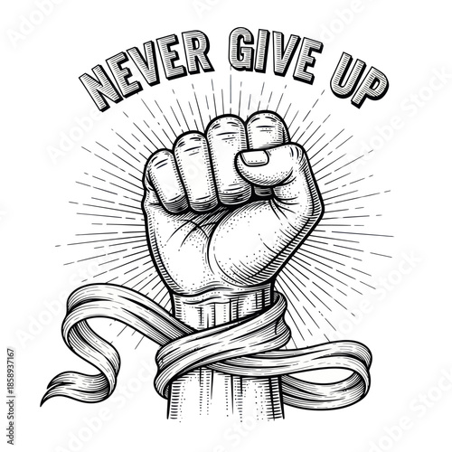 Clenched Fist with Ribbon and Motivational Text.