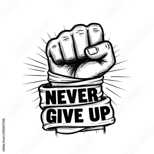 Clenched Fist with Never Give Up Banner.